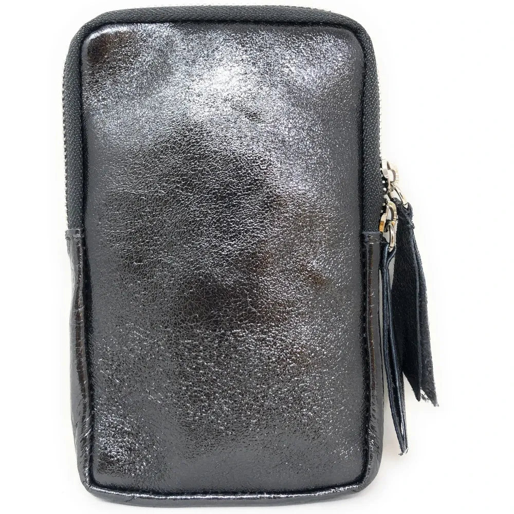 Pochette bandoulière en cuir irisé LOUVRE Argent foncé