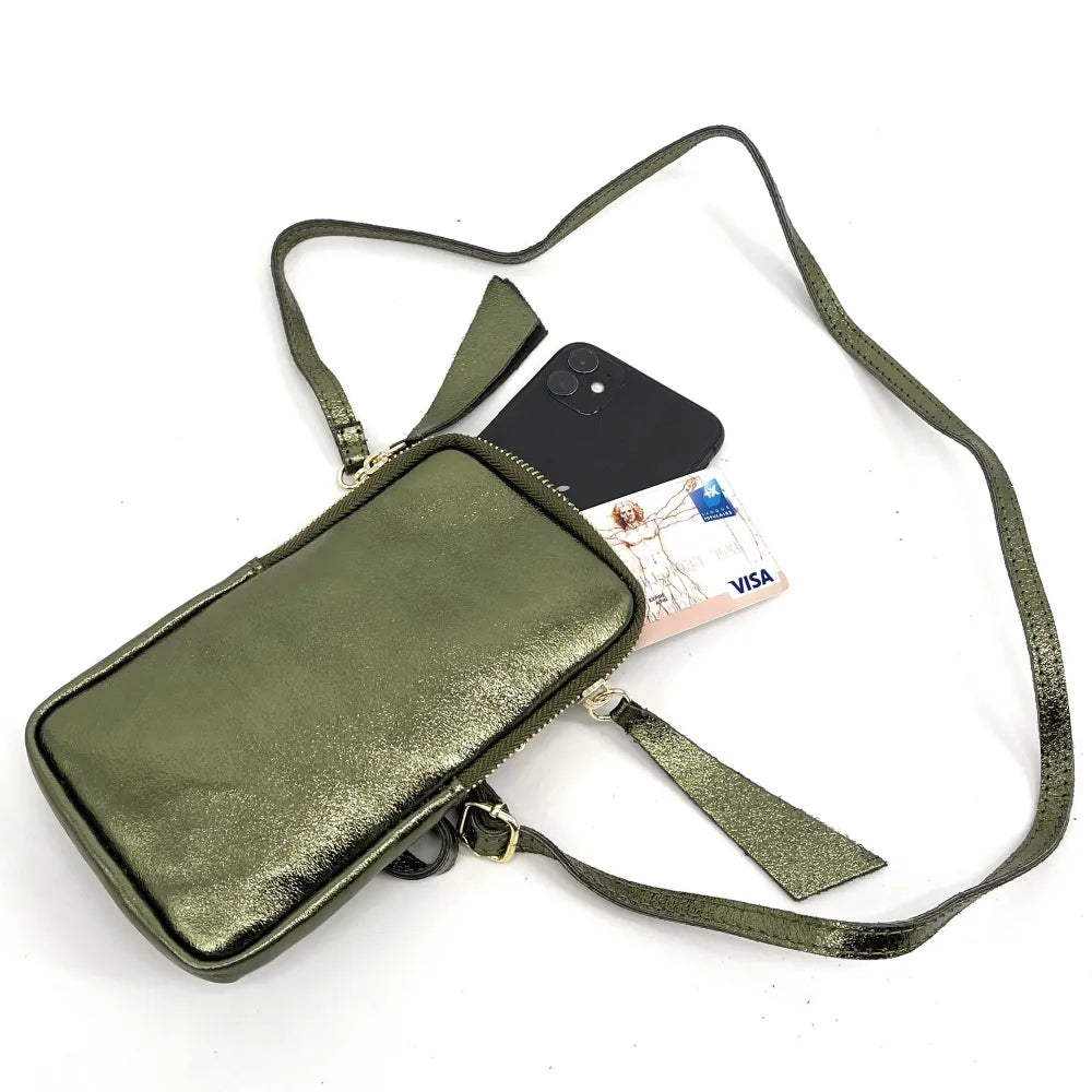 Pochette bandoulière en cuir irisé LOUVRE Kaki irisé