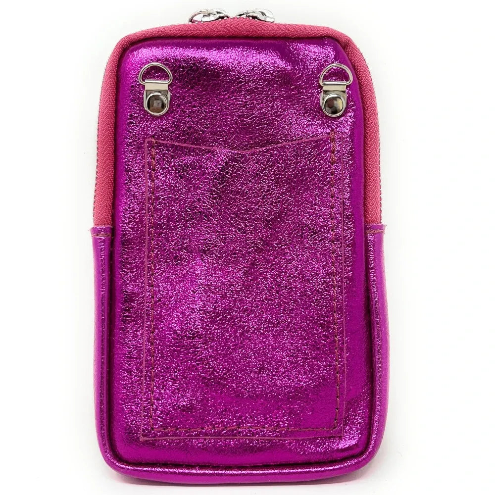 Pochette bandoulière en cuir irisé LOUVRE Fuchsia irisé