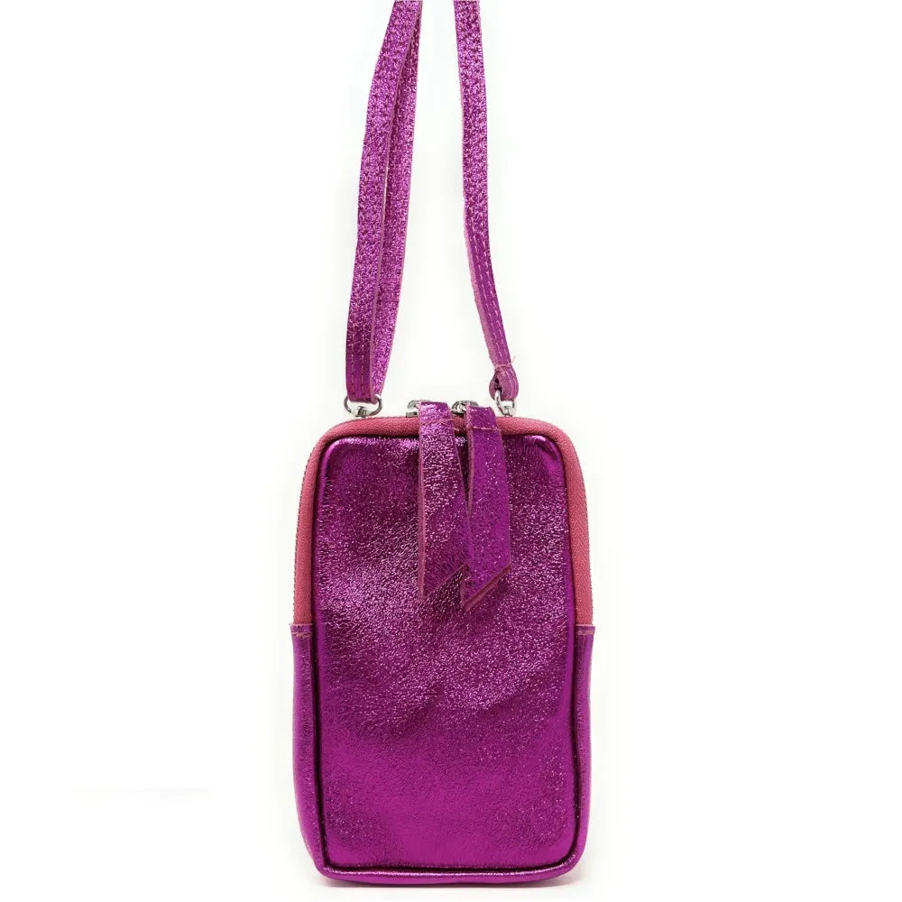 Pochette bandoulière en cuir irisé LOUVRE Fuchsia irisé