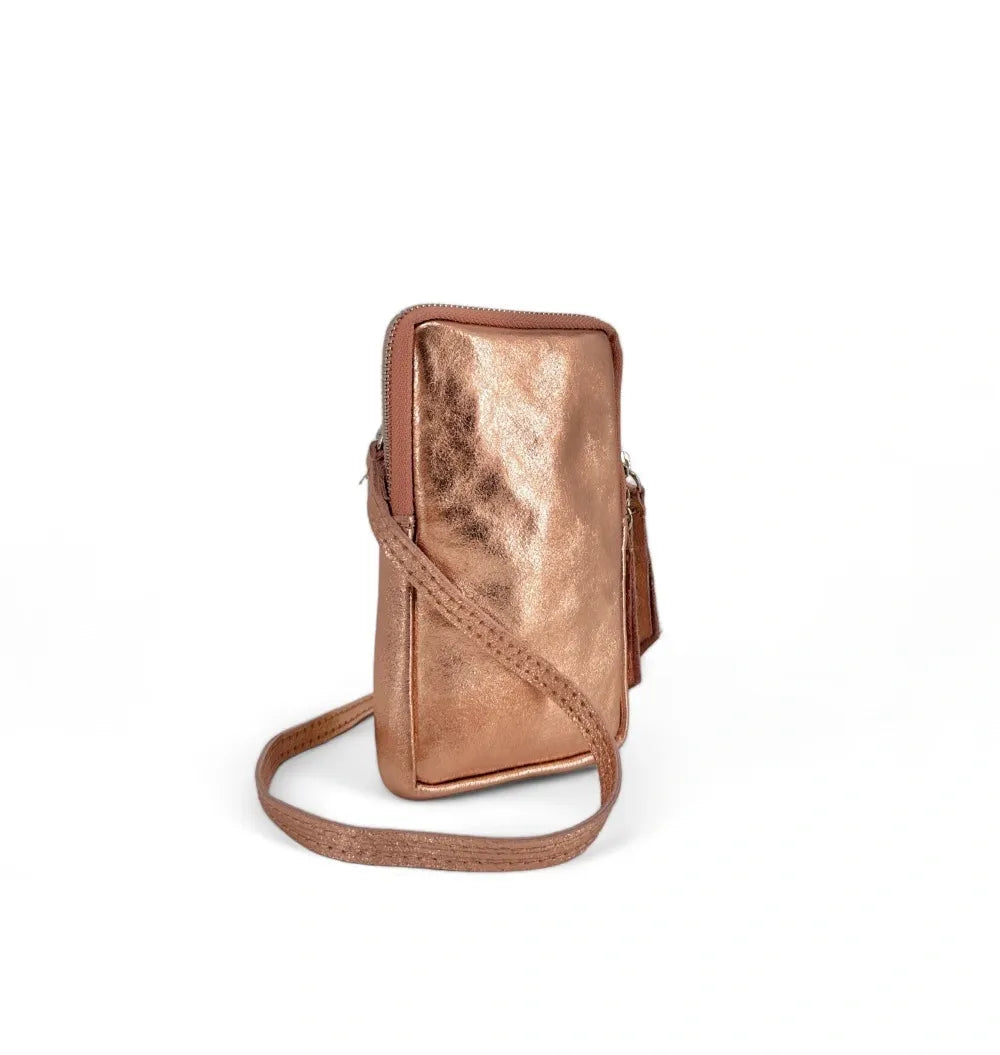 Pochette bandoulière en cuir irisé LOUVRE Rose gold