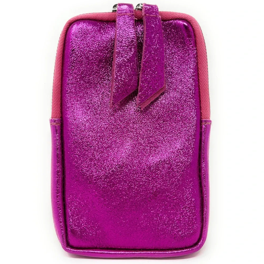 Pochette bandoulière en cuir irisé LOUVRE Fuchsia irisé