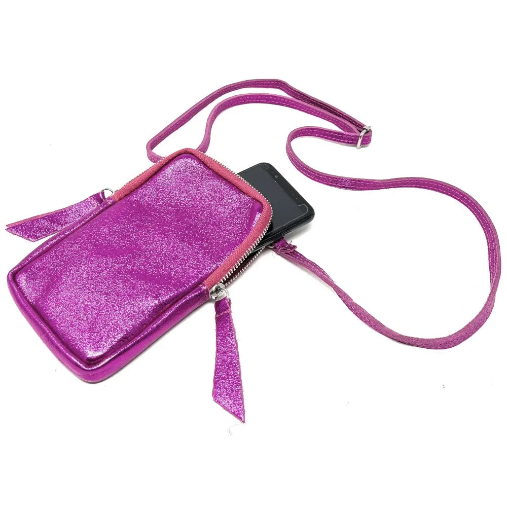 Pochette bandoulière en cuir irisé LOUVRE Fuchsia irisé
