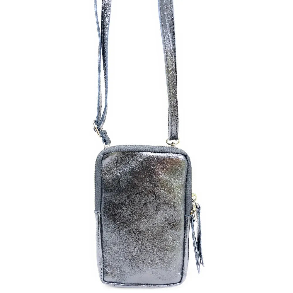 Pochette bandoulière en cuir irisé LOUVRE Argent foncé