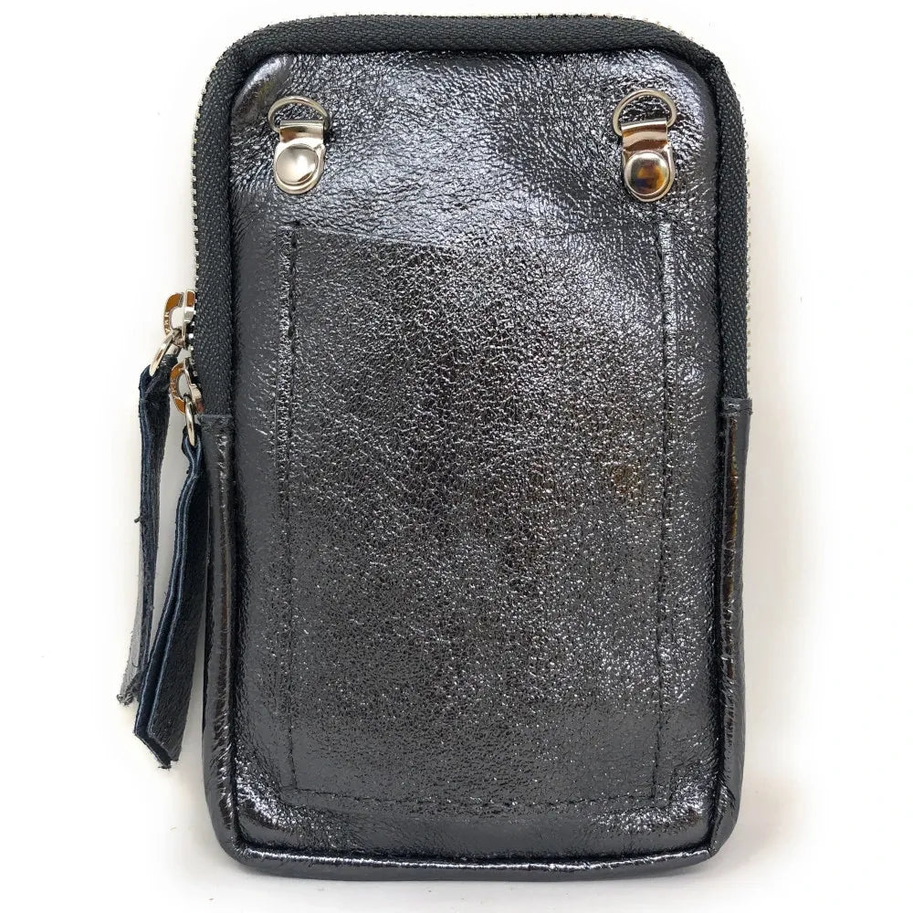 Pochette bandoulière en cuir irisé LOUVRE Argent foncé