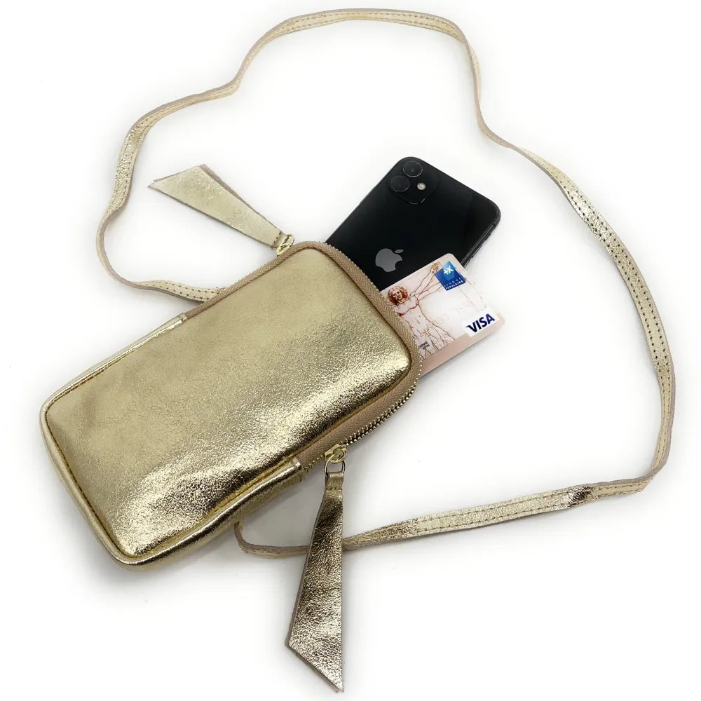 Pochette bandoulière en cuir irisé LOUVRE Or pâle