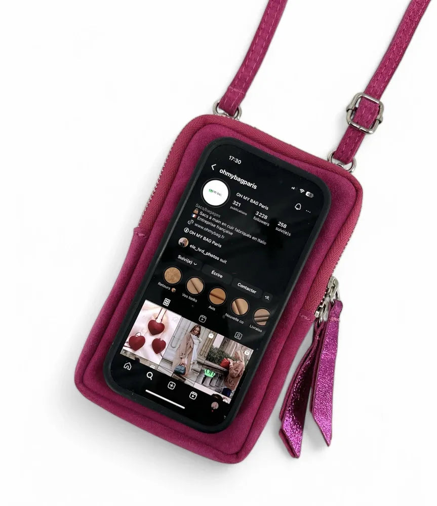 Pochette bandoulière en croûte de cuir LOUVRE Rose fuchsia