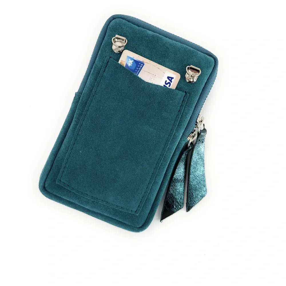 Pochette bandoulière en croûte de cuir LOUVRE Bleu vert canard
