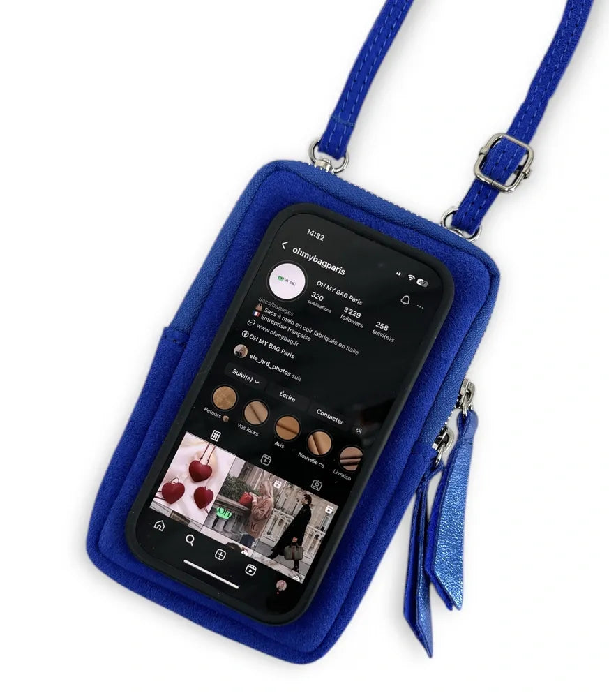 Pochette bandoulière en croûte de cuir LOUVRE Bleu roi