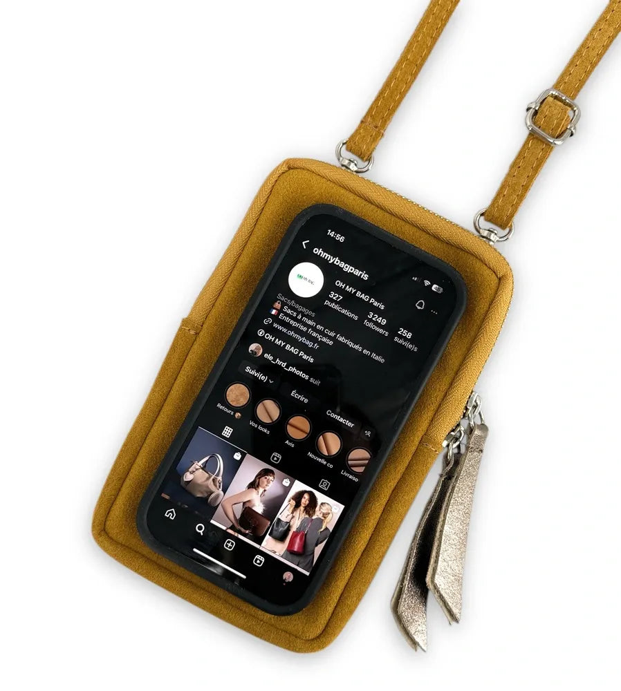 Pochette bandoulière en croûte de cuir LOUVRE Jaune Moutarde