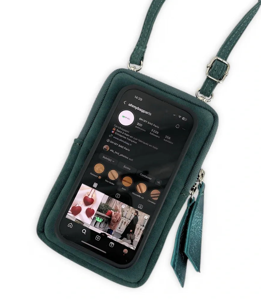 Pochette bandoulière en croûte de cuir LOUVRE Vert forêt