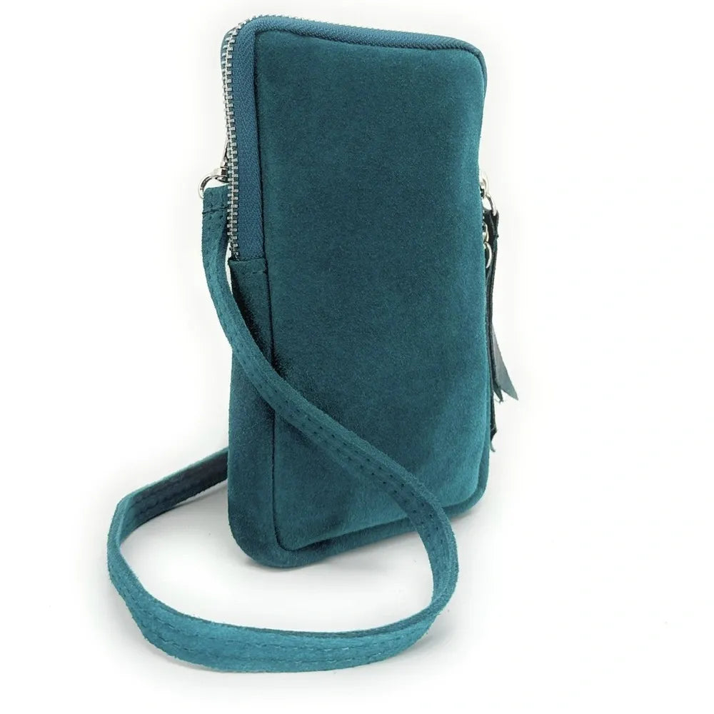 Pochette bandoulière en croûte de cuir LOUVRE Bleu vert canard