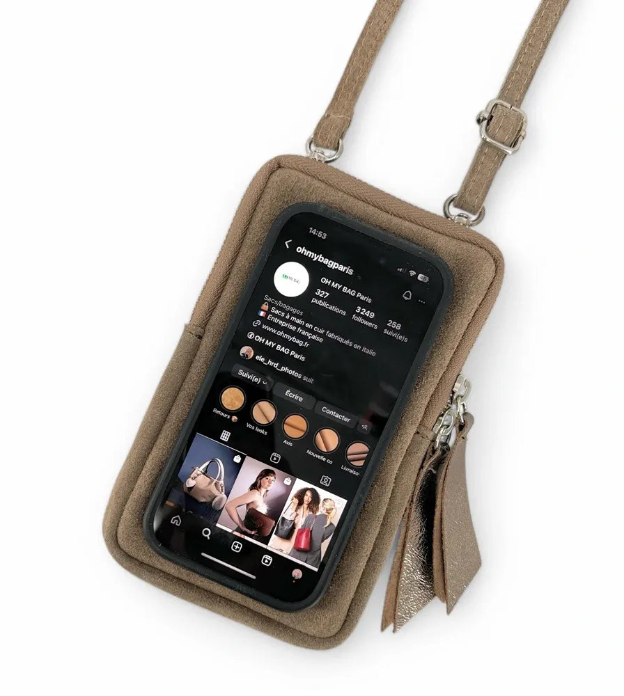 Pochette bandoulière en croûte de cuir LOUVRE Taupe