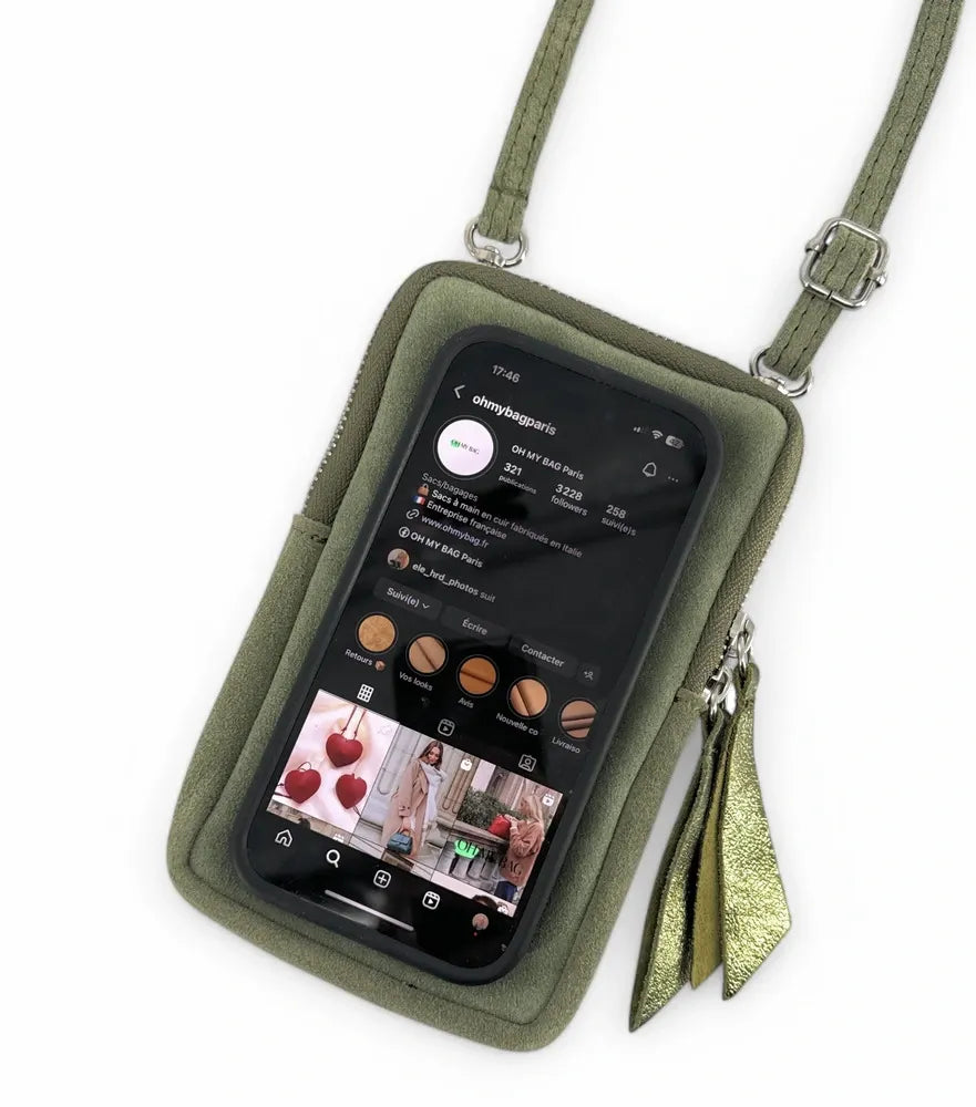 Pochette bandoulière en croûte de cuir LOUVRE Vert amande