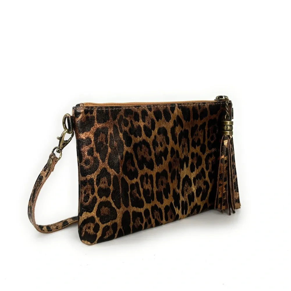 Sac pochette en cuir irisé MORGANE Léopard bronze