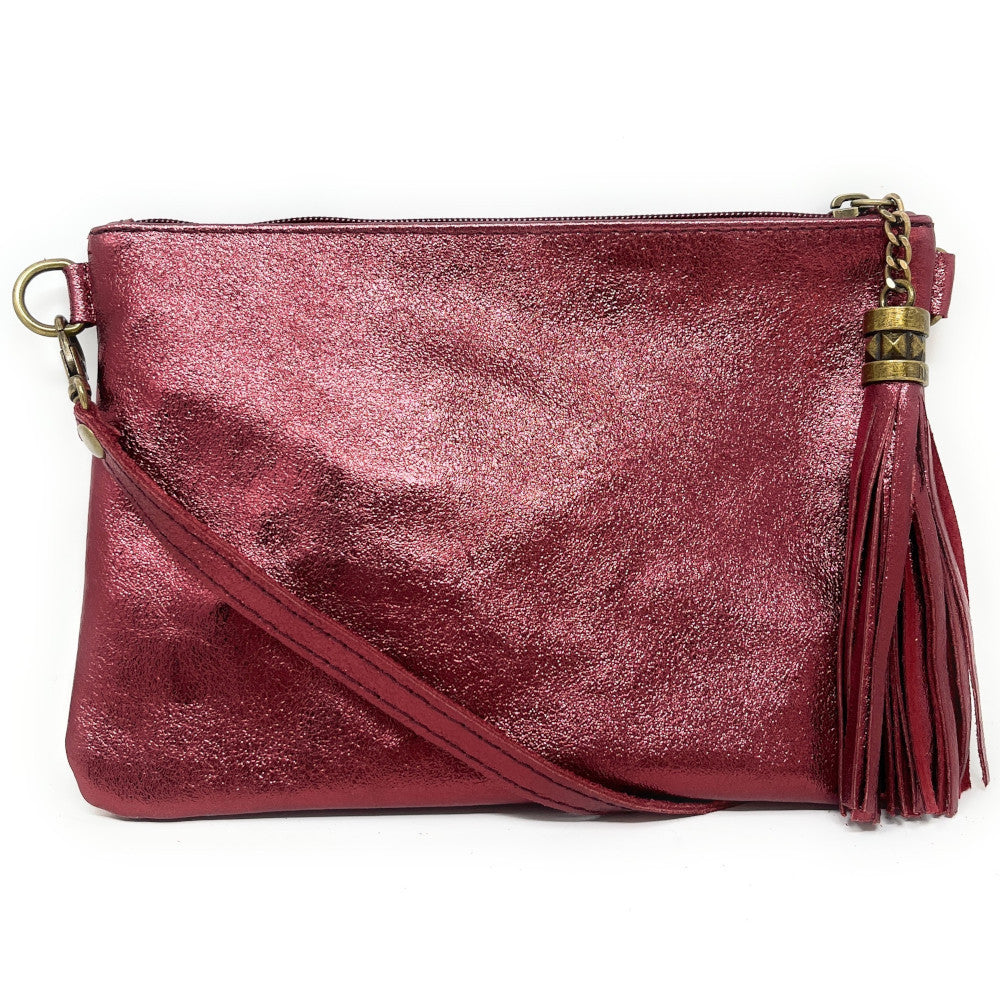 Pochette Soirée En Cuir Métallisé Et Daim - Beige Doré, état Impeccable