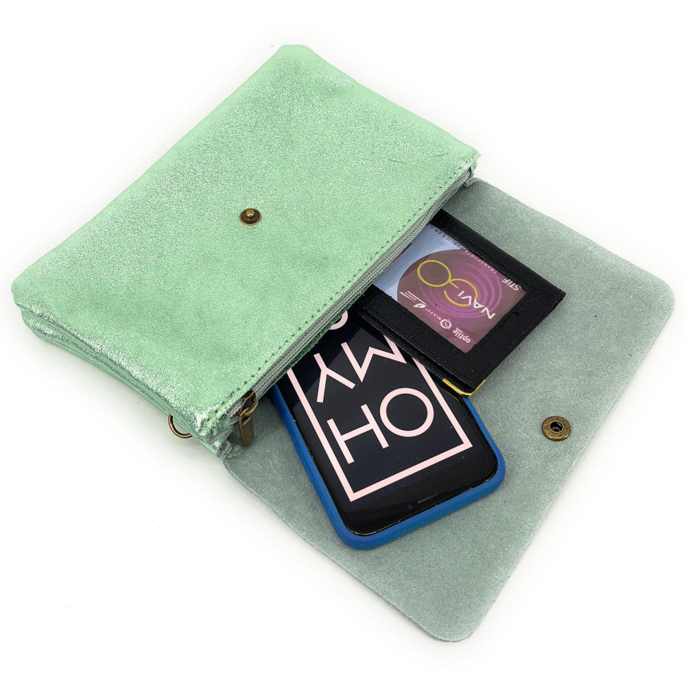 Sac pochette en cuir irisé MAELIA Menthe givrée