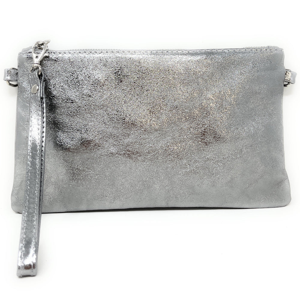 Sac pochette en cuir irisé MELUSINE Argent clair