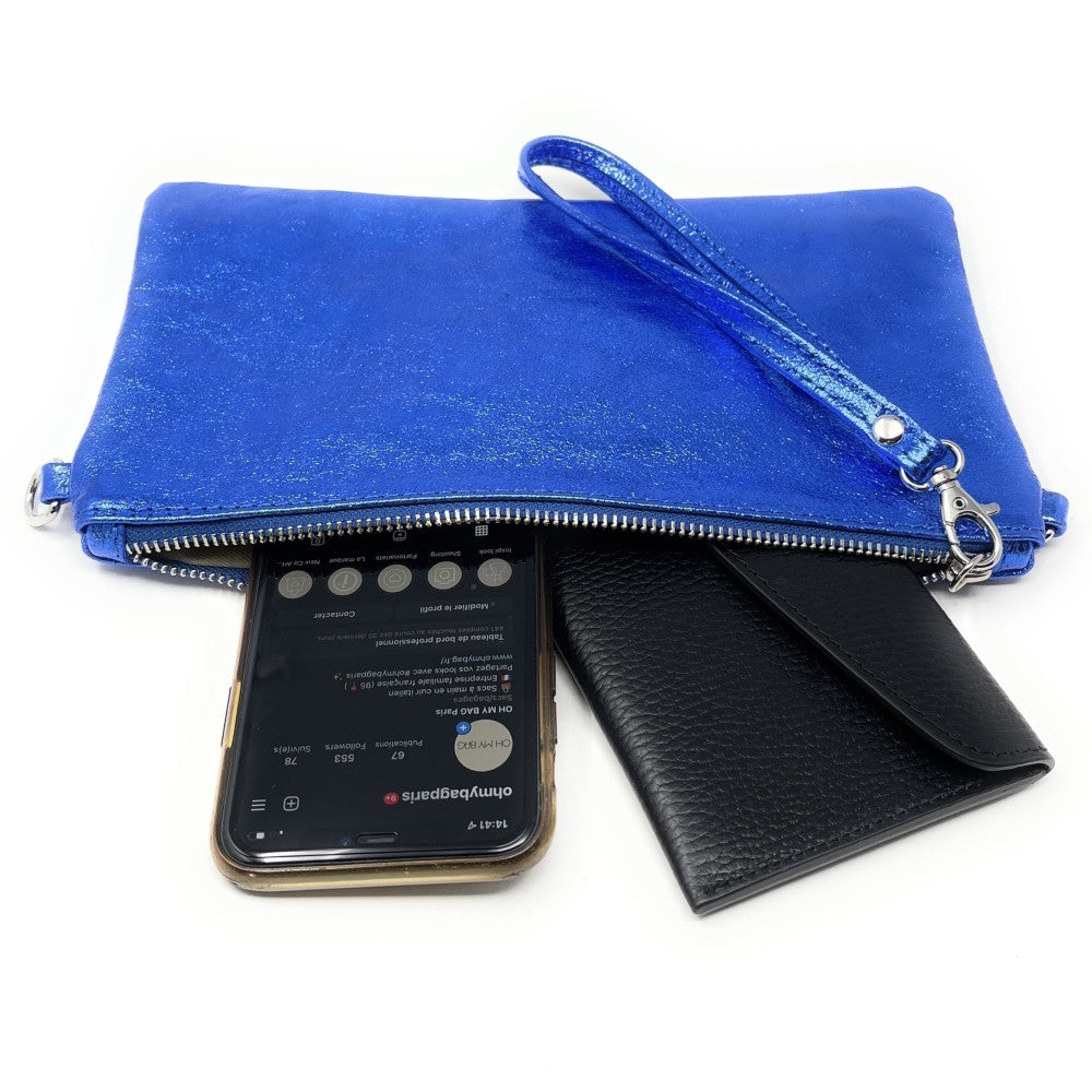 Sac pochette en cuir irisé MELUSINE Bleu roi irisé