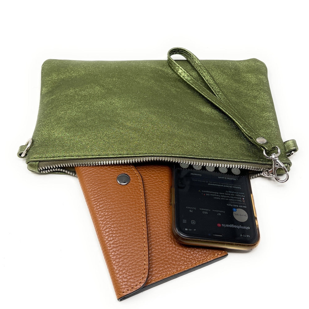 Sac pochette en cuir irisé MELUSINE Kaki irisé