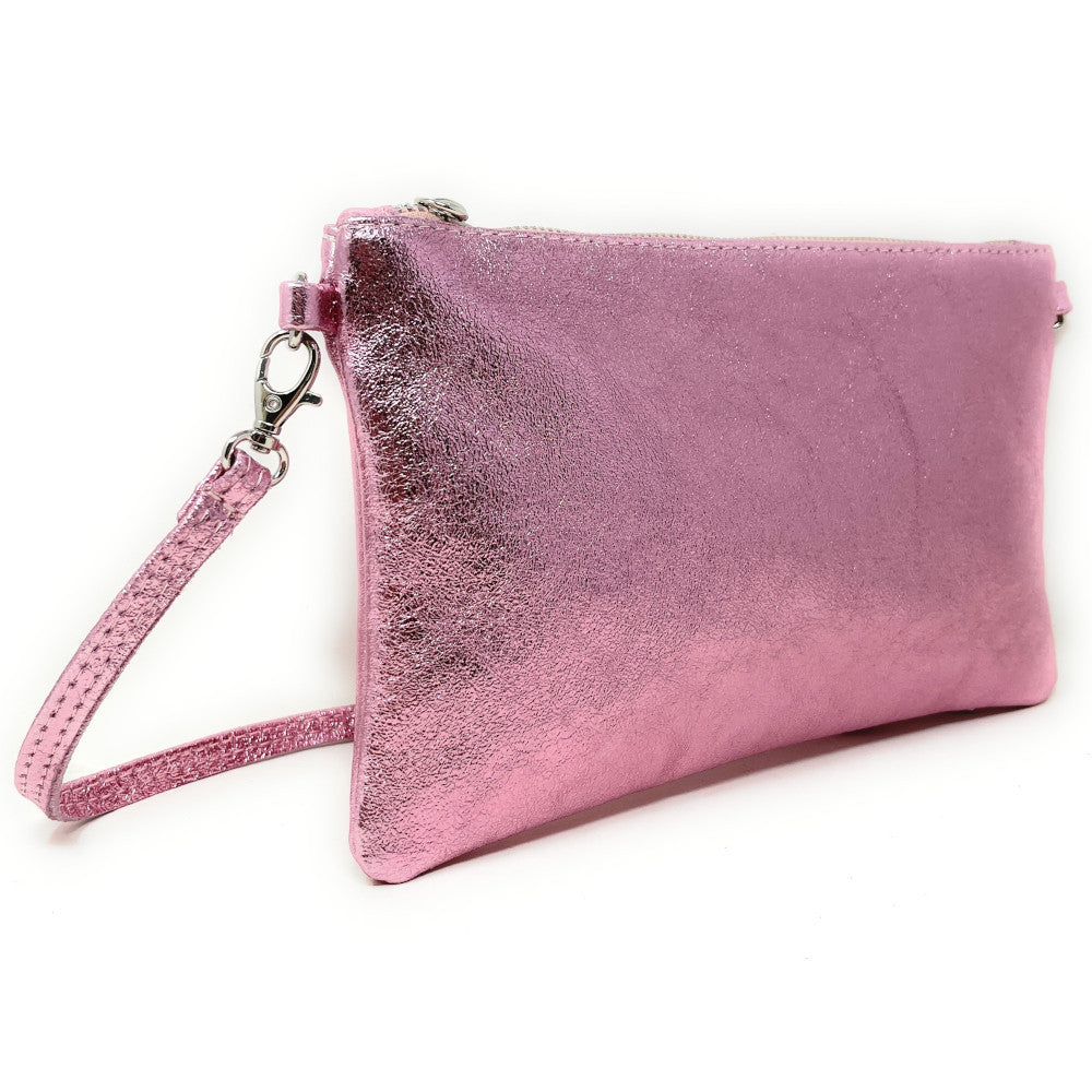 Sac pochette en cuir irisé MELUSINE Rose pâle irisé