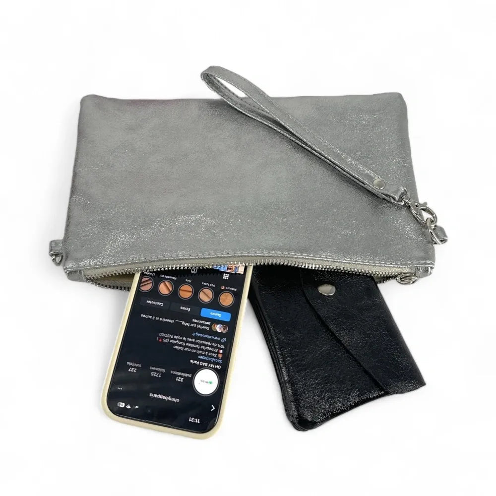Sac pochette en cuir irisé MELUSINE Argent moyen