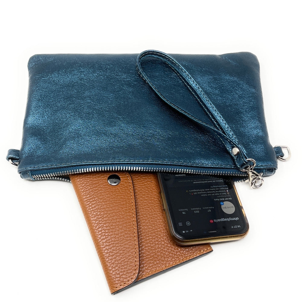 Sac pochette en cuir irisé MELUSINE Bleu canard irisé