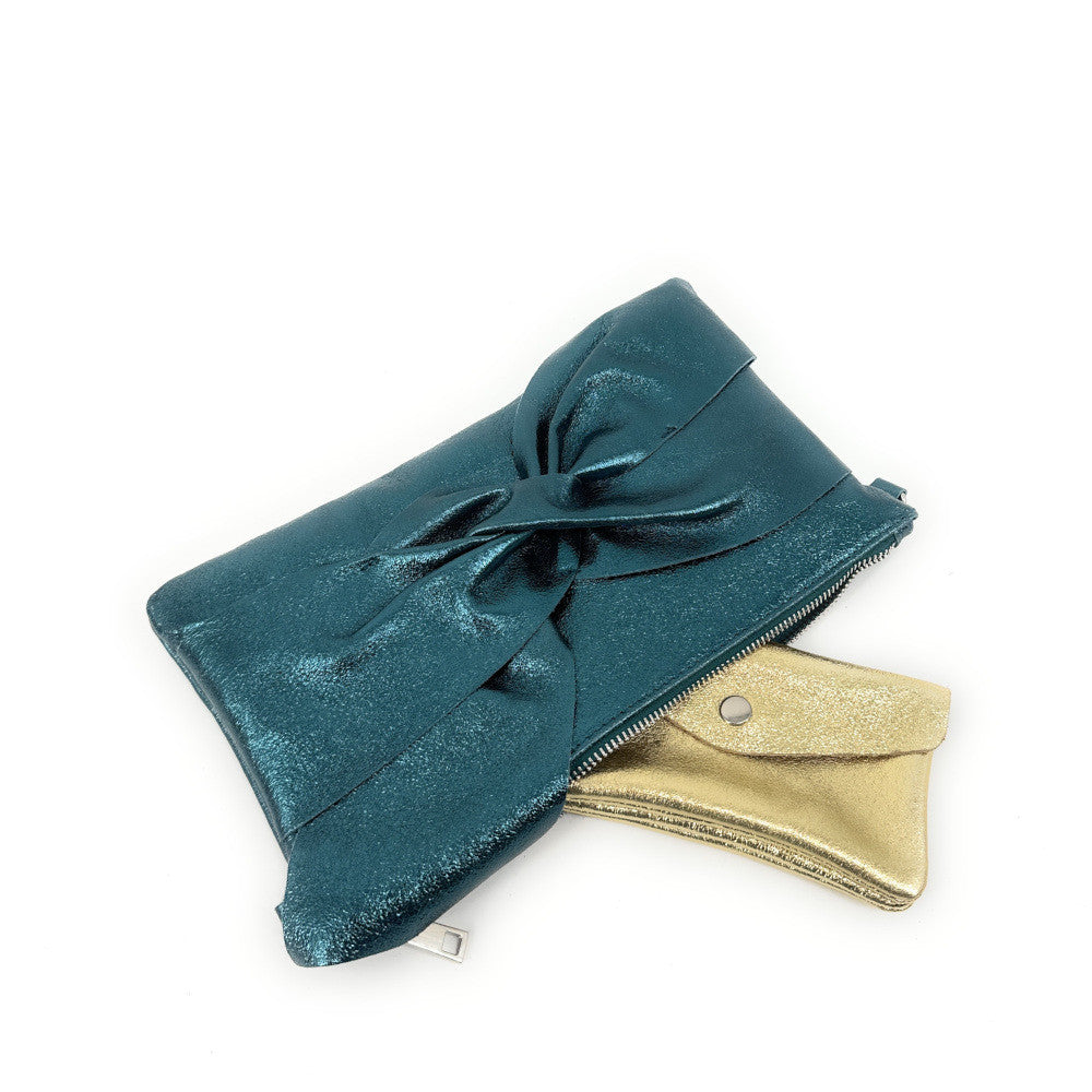 Sac pochette en cuir irisé SHERAZADE Bleu vert canard