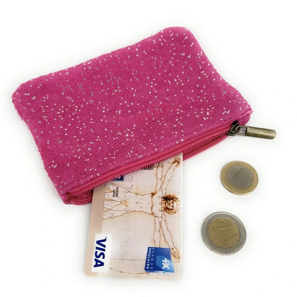 Pochette en croûte de cuir à paillettes GLITTER PURSE Rose fuchsia