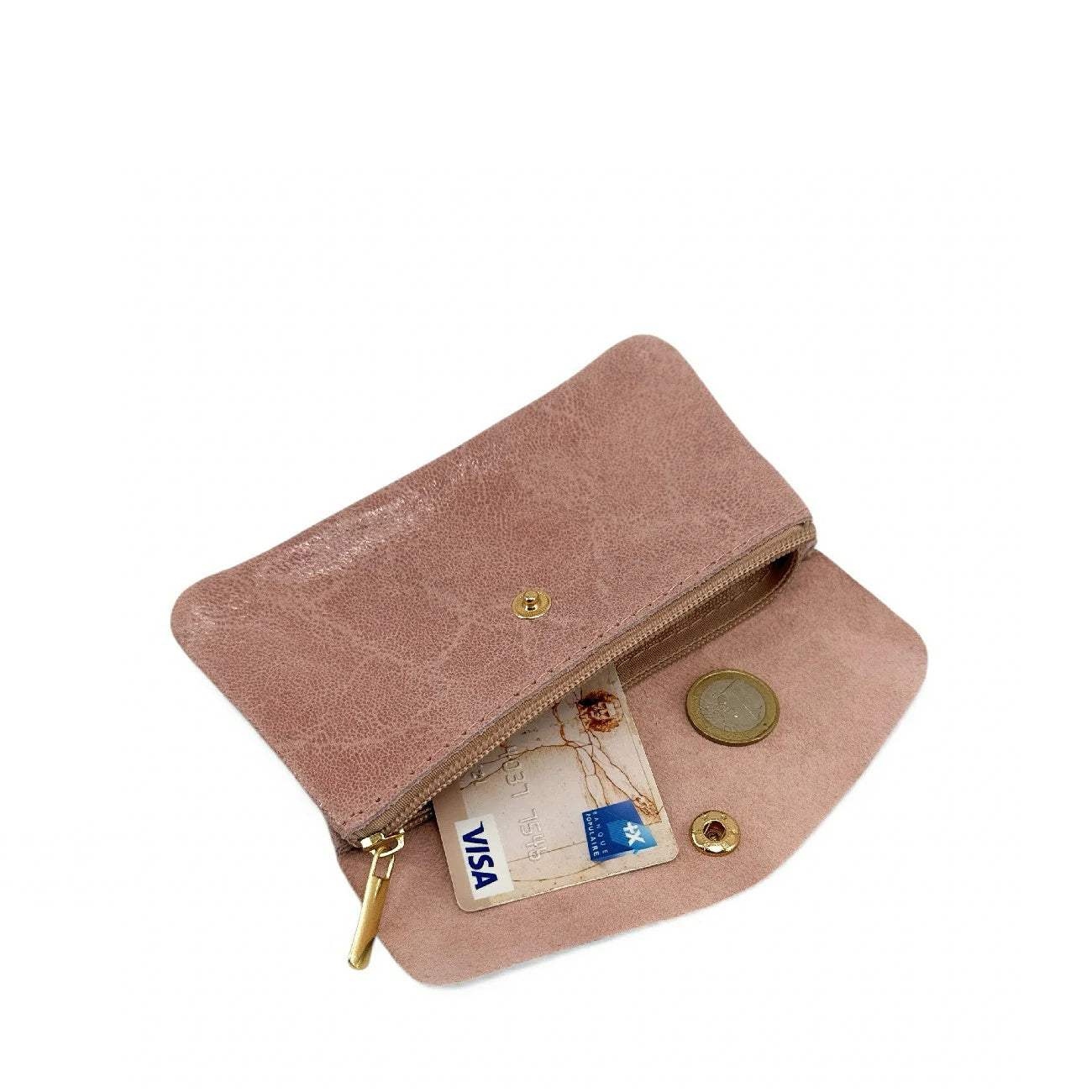 Pochette porte-monnaie en cuir brossé COMPO BROSSEE Rose nude