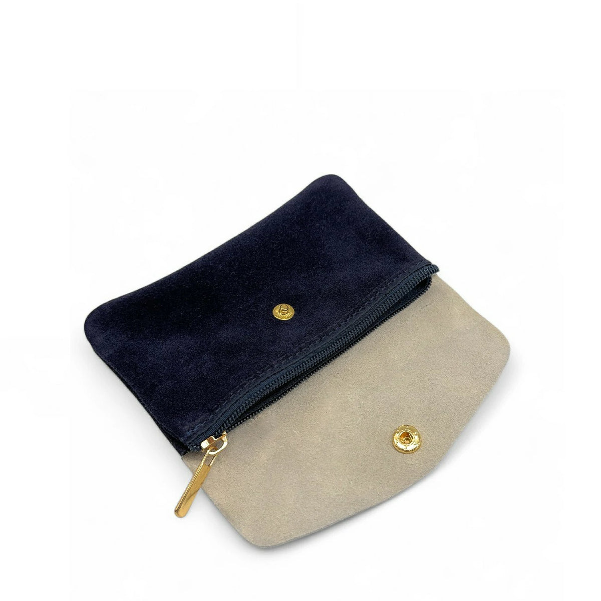 Clutch monedero en ante y piel tornasolada COMBI Azul marino