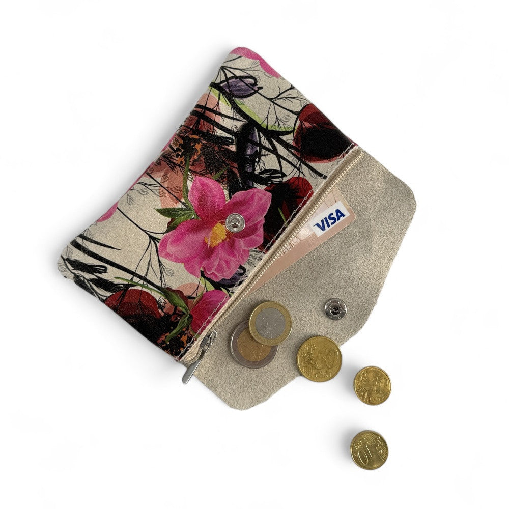 Pochette porte-monnaie en cuir à motif COMPO FLOWER Floral framboise