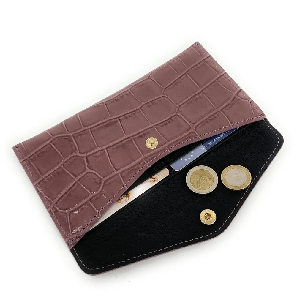 Porte-cartes portefeuille en cuir façon crocodile CLOE CROCO Rose blush