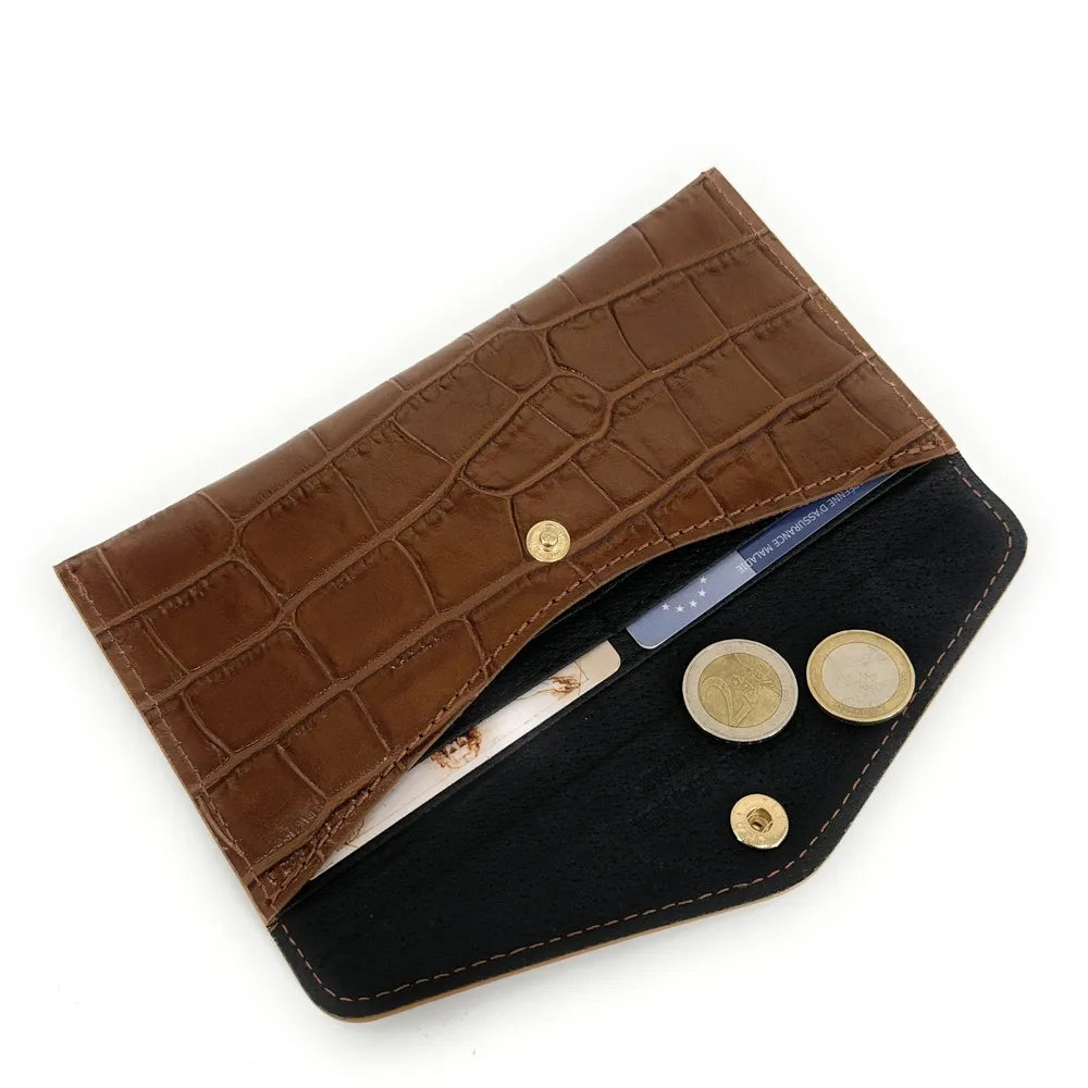 Porte-cartes portefeuille en cuir façon crocodile CLOE CROCO Cannelle