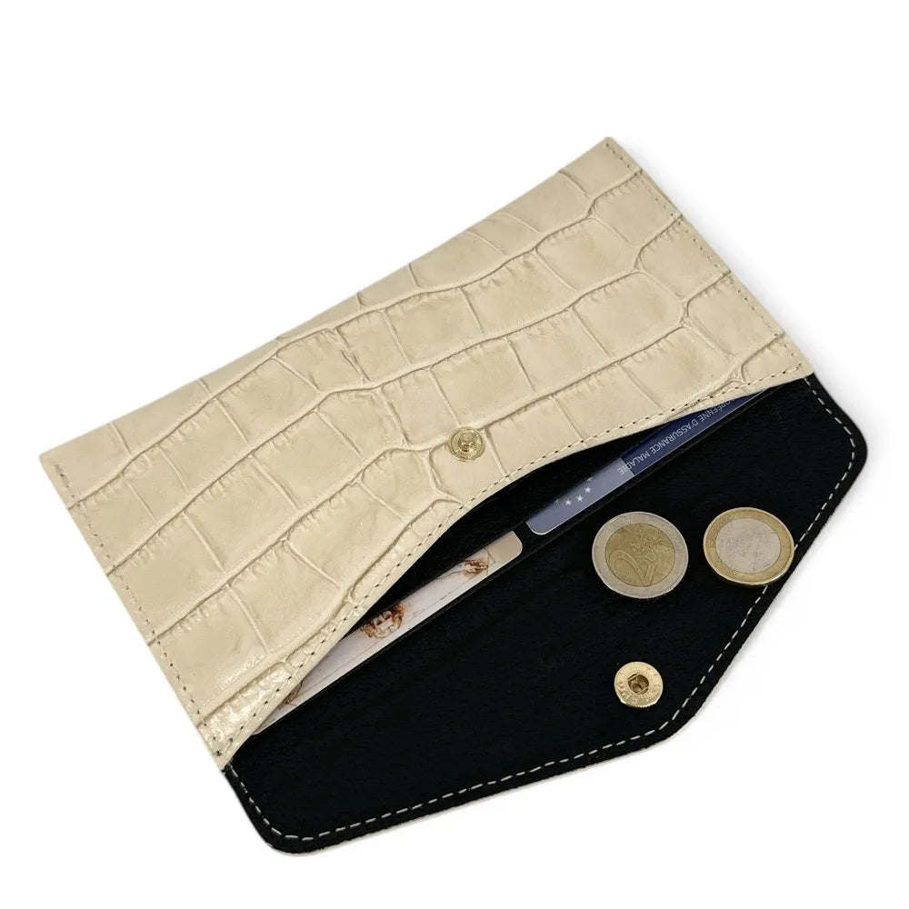 Porte-cartes portefeuille en cuir façon crocodile CLOE CROCO Beige crème