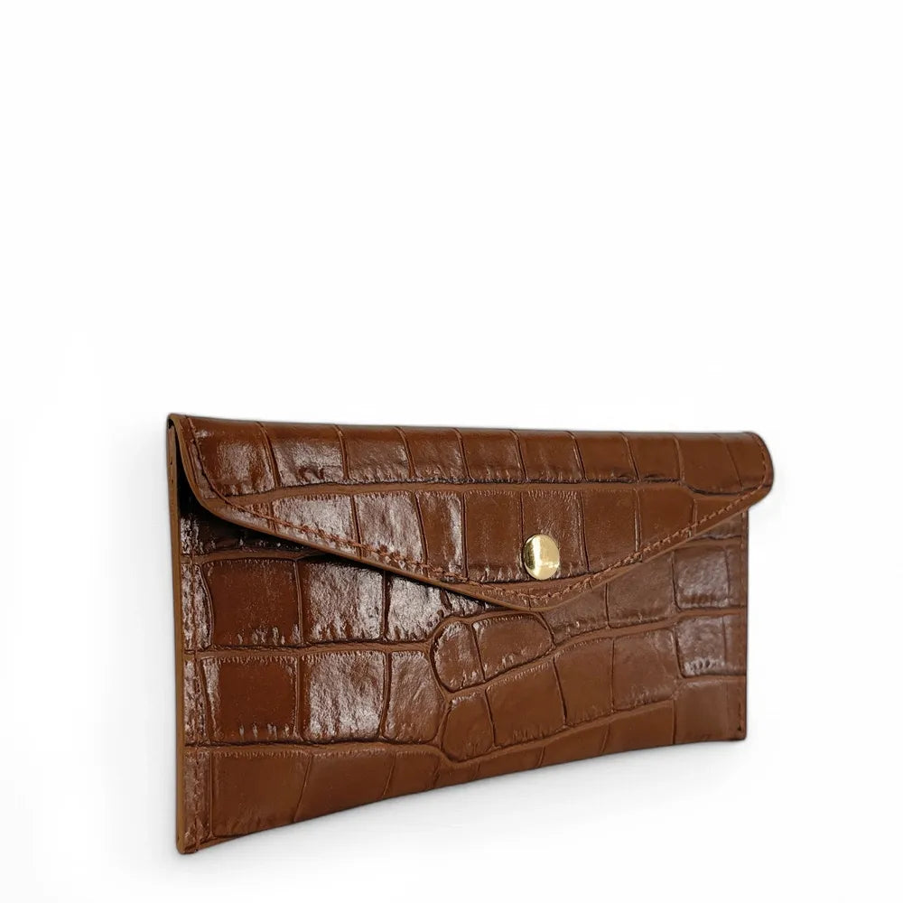 Porte-cartes portefeuille en cuir façon crocodile CLOE CROCO Cannelle