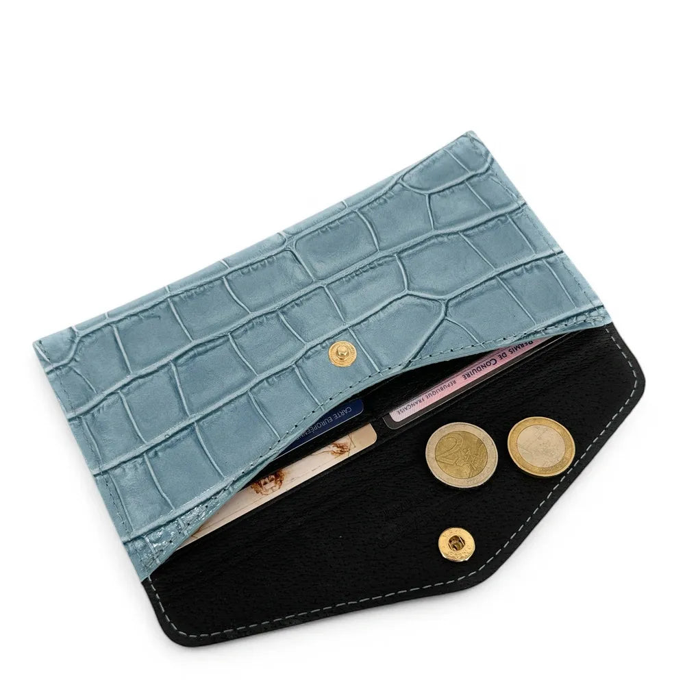 Porte-cartes portefeuille en cuir façon crocodile CLOE CROCO Bleu glacier