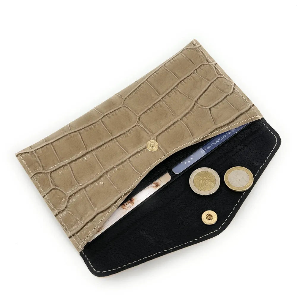 Porte-cartes portefeuille en cuir façon crocodile CLOE CROCO Taupe