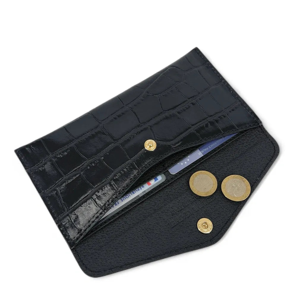 Porte-cartes portefeuille en cuir façon crocodile CLOE CROCO Noir
