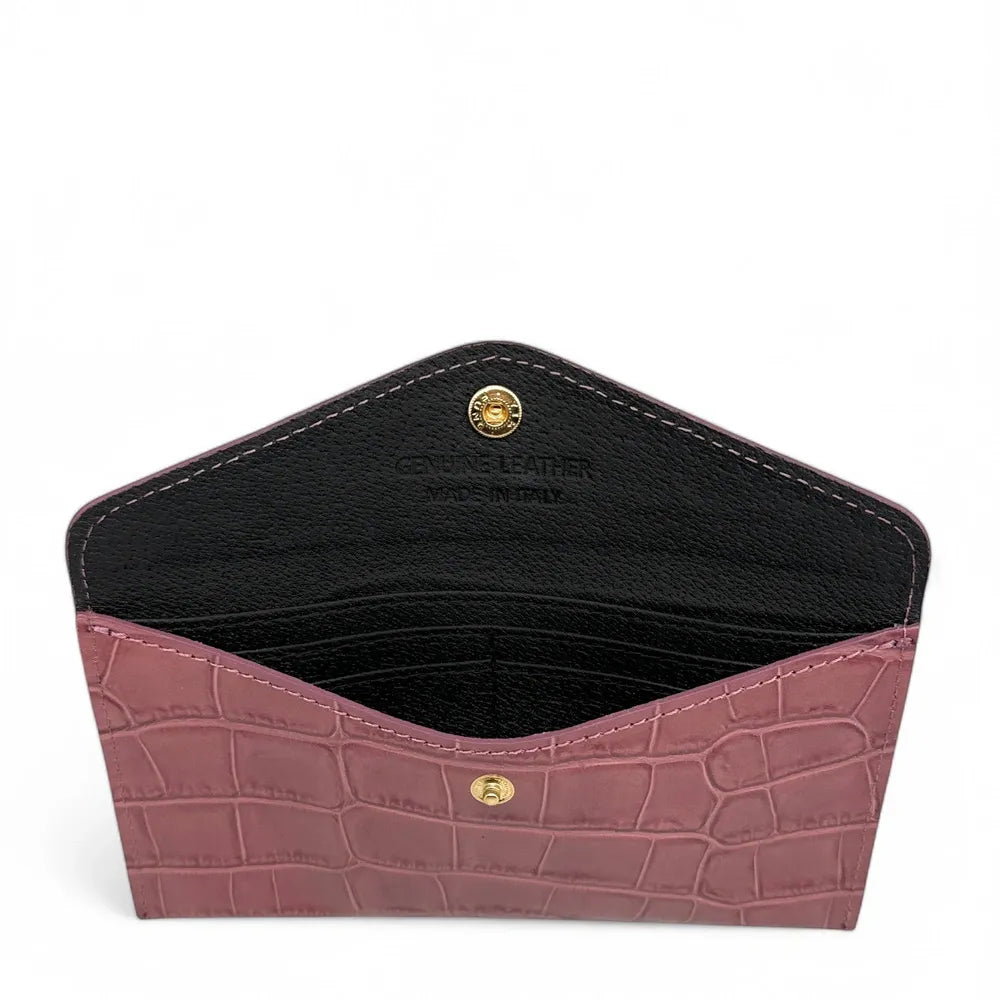 Porte-cartes portefeuille en cuir façon crocodile CLOE CROCO Rose blush