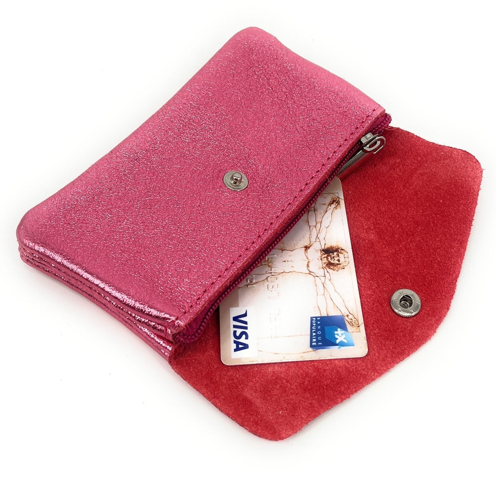 Pochette porte-monnaie en cuir irisé COMPO Rose néon