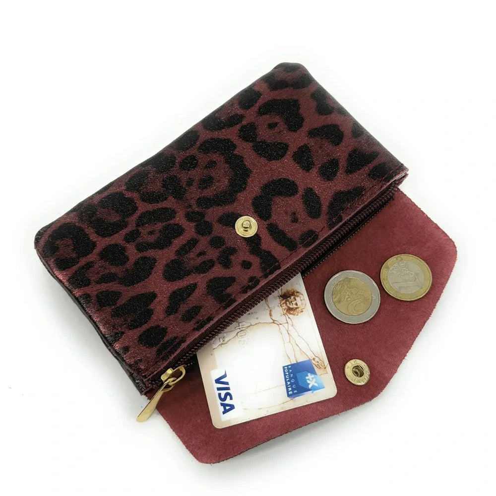 Pochette porte-monnaie en cuir irisé COMPO JUNGLE Leopard burgundy irisé
