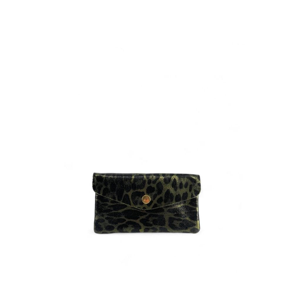 Pochette porte-monnaie en cuir irisé COMPO JUNGLE Léopard kaki irisé