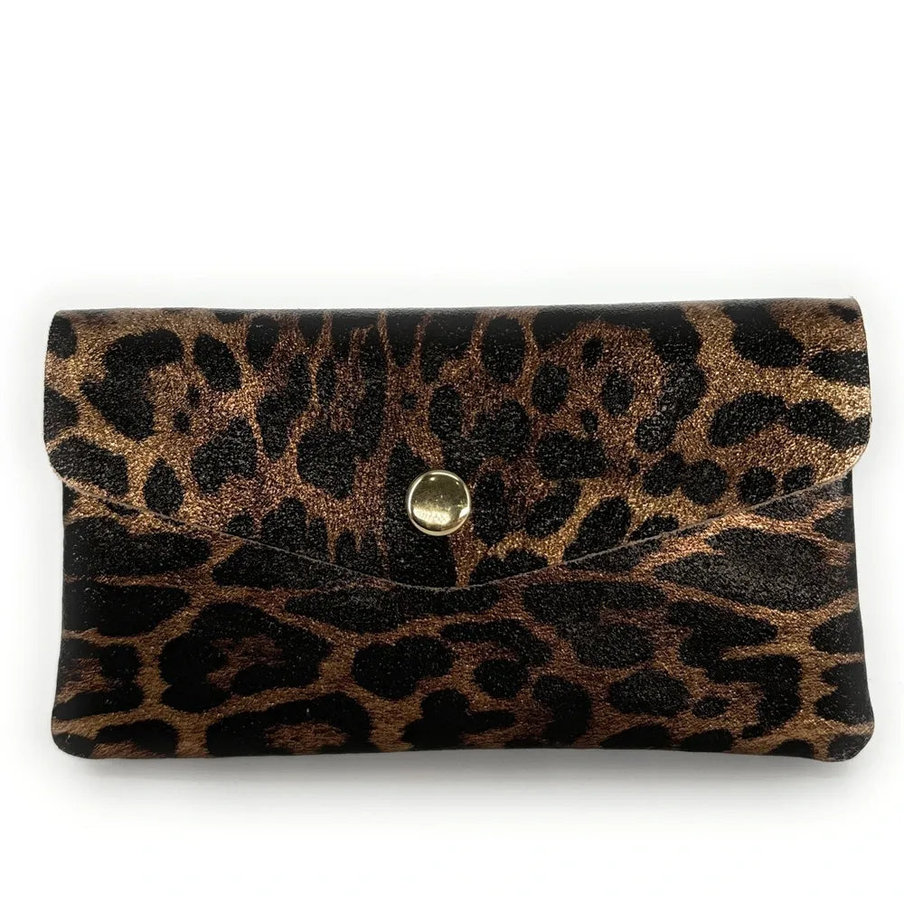 Pochette porte-monnaie en cuir irisé COMPO JUNGLE Léopard chocolat irisé