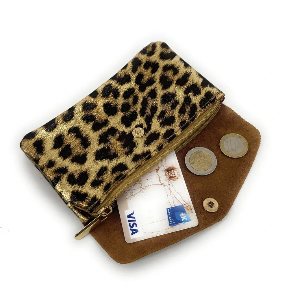 Pochette porte-monnaie en cuir irisé COMPO JUNGLE Léopard or vieilli