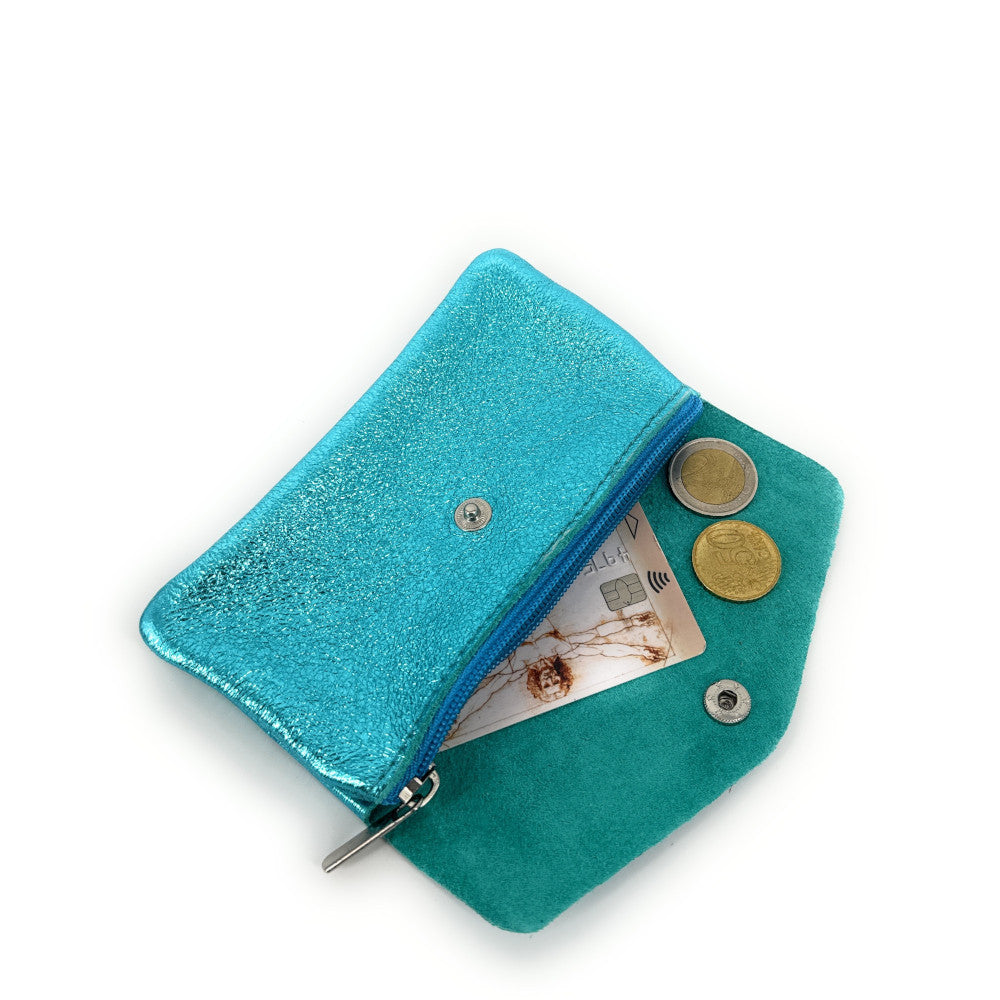 Pochette porte-monnaie en cuir irisé COMPO Turquoise irisé