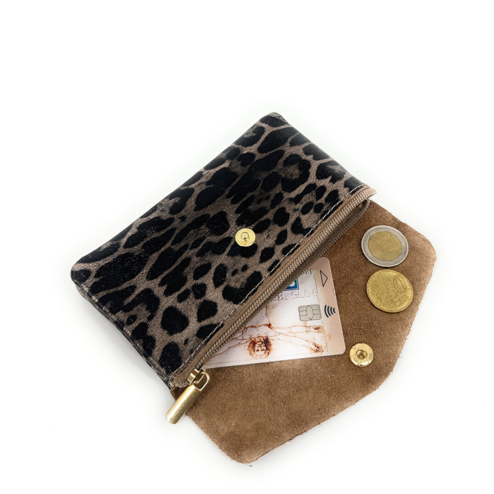 Pochette porte-monnaie en cuir irisé COMPO JUNGLE Léopard champagne