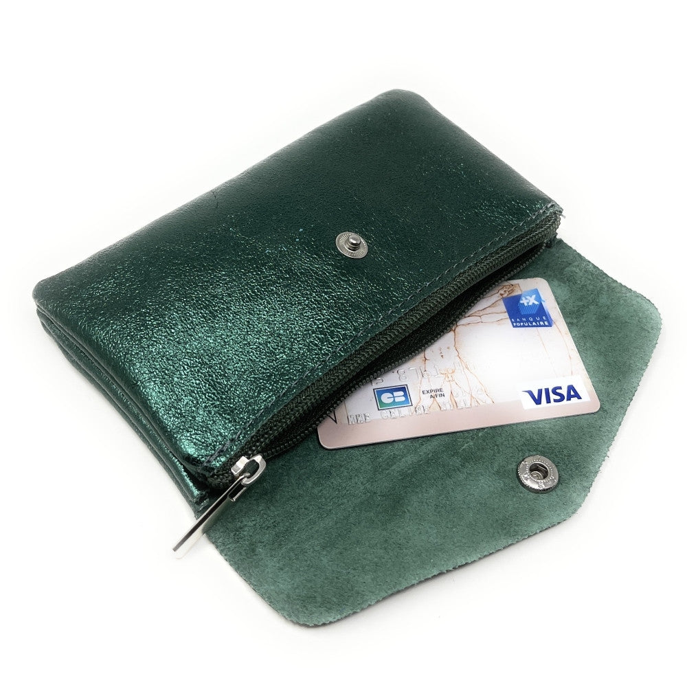 Pochette porte-monnaie en cuir irisé COMPO Vert forêt irisé
