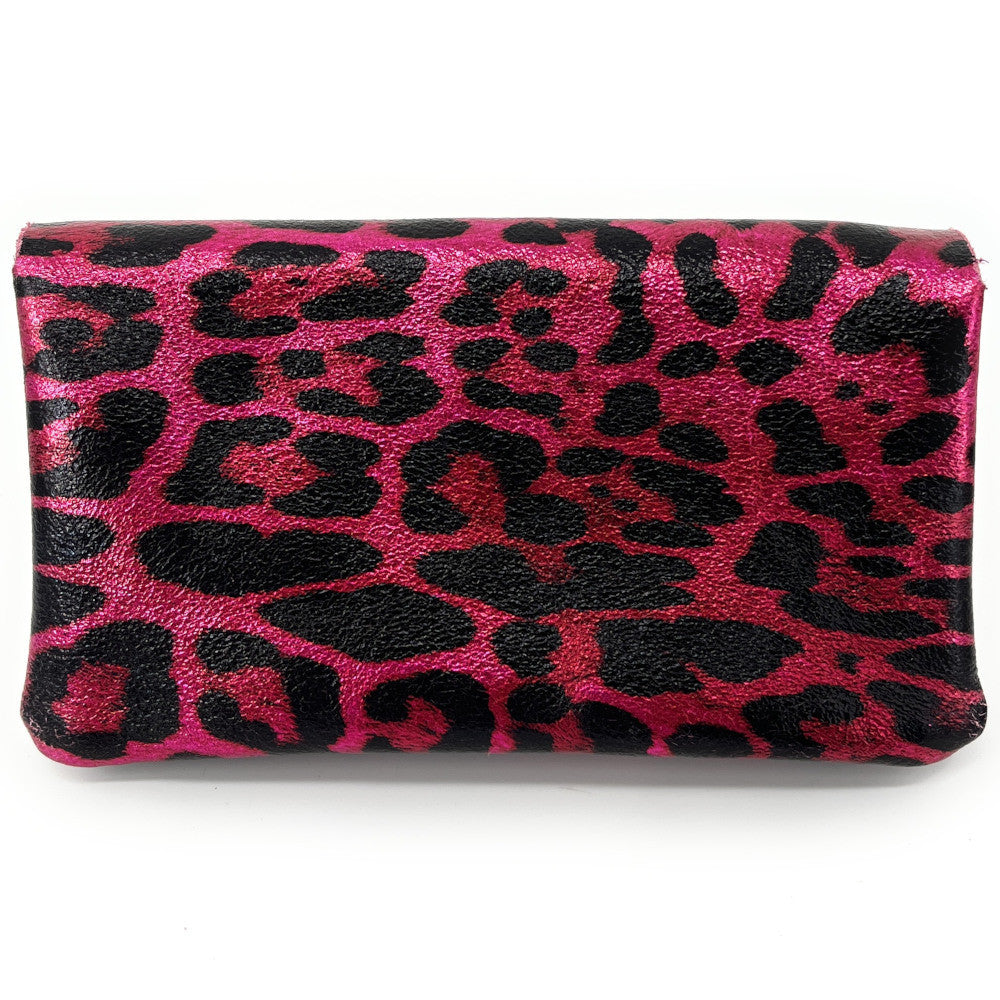 Pochette porte-monnaie en cuir irisé COMPO JUNGLE Léopard fuchsia irisé