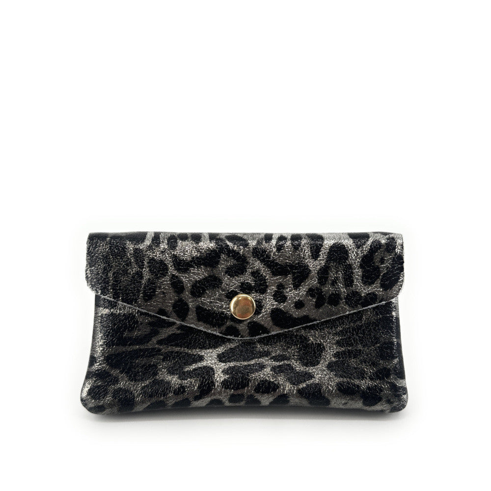 Pochette porte-monnaie en cuir irisé COMPO JUNGLE Léopard argent